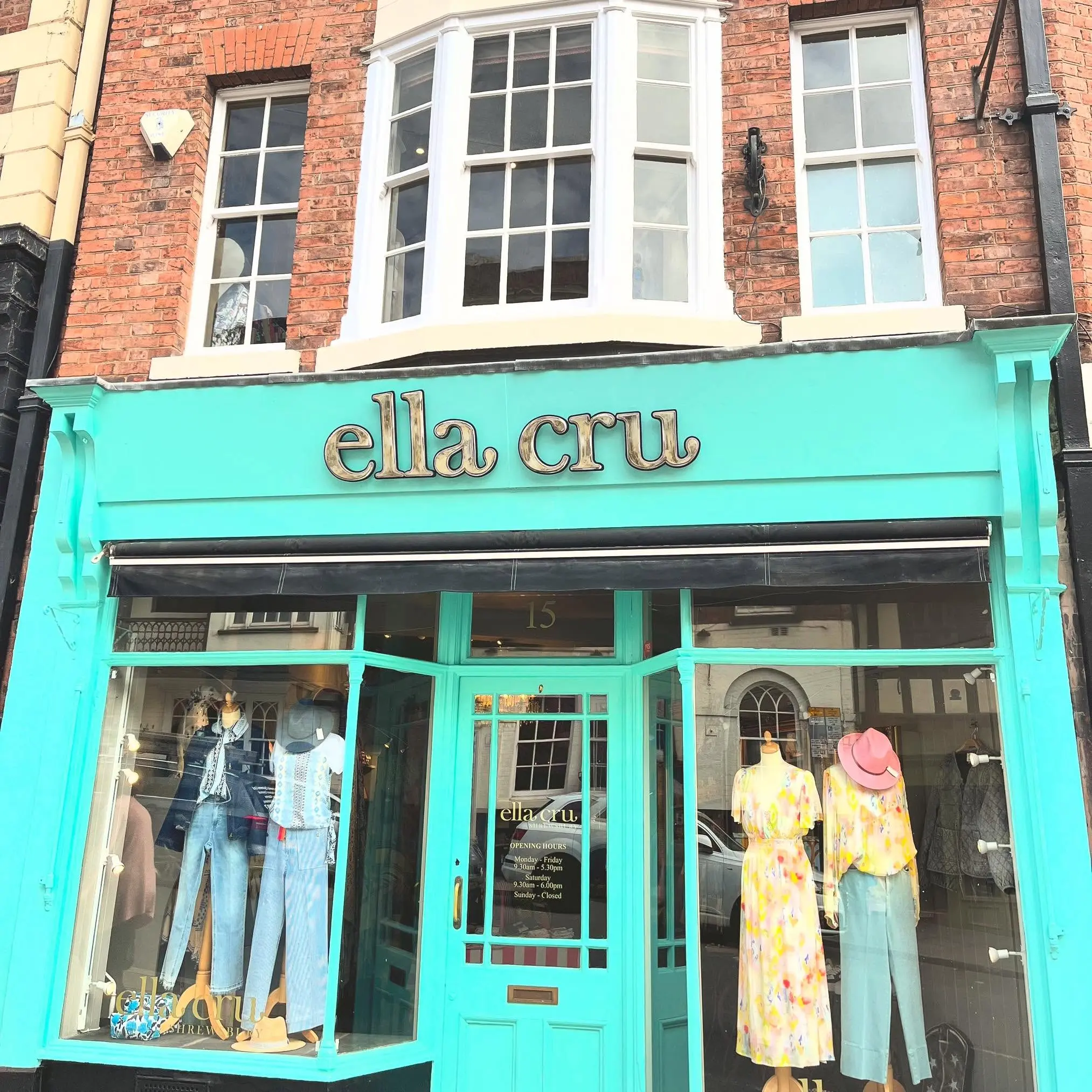 Ella Cru's turquoise storefront at 15 Wyle Cop, Shrewsbury